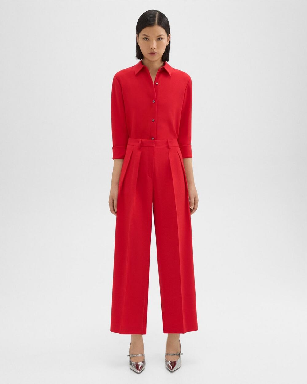 Theory Double Pleated Crepe Pants Wide Leg Preppy Office Minimalist Work Fall 2